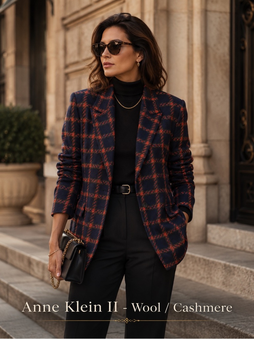 Anne Klein II Wool Cashmere Women's Navy and Red Plaid Blazer
